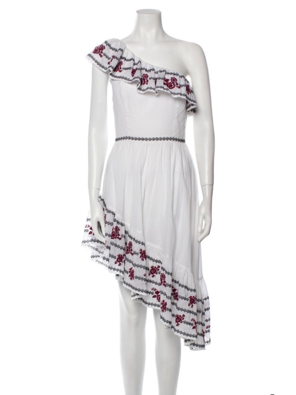 Rare - LoveShackFancy White One-Shoulder Maxi Dress with Red Floral Embroidery